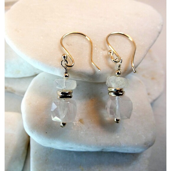 Natural Rose Quartz Rainbow Moonstone Karen Hill Tribe Fine Silver Earrings OOAK - Picture 3 of 5